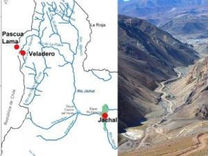 La imagen de la izquierda muestra la ubicación de los emprendimientos de Pascua Lama y Veladero en San Juan, y la cuenca de Jáchal. La de la derecha muestra el río Las Taguas, afluente del río Jáchal. Imagen editada por noalamina.org