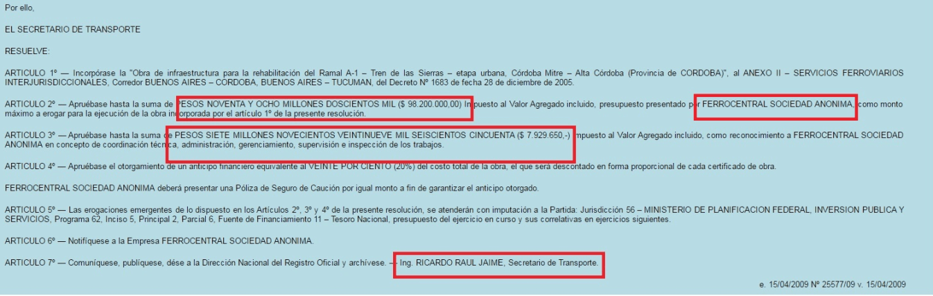 Imagen: Resolución firmada por Jaime adjudicando a Urquía (Ferrocentral) casi 100 millones de pesos.