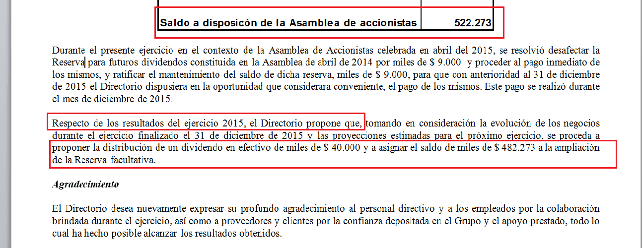 Imagen: Decisión del Directorio de Mirgor respecto a las ganancias del 2015. Fuente Balance Mirgor 2015.