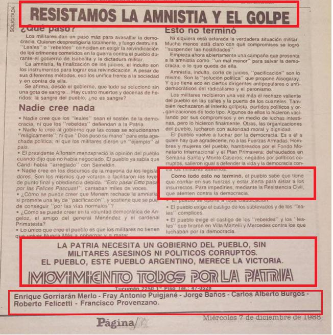 Lanata, Gorriarán Merlo, MTP, Página 12, José Alfredo Martínez de Hoz, ERP, Clarin, acopamiento del cuartel de La Tablada