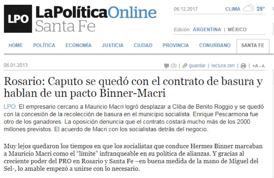 Nicolas Caputo, Nicky Caputo, Mauricio Macri, Solví, Vega, Basura, recolección de basura Córdoba, Corrupción