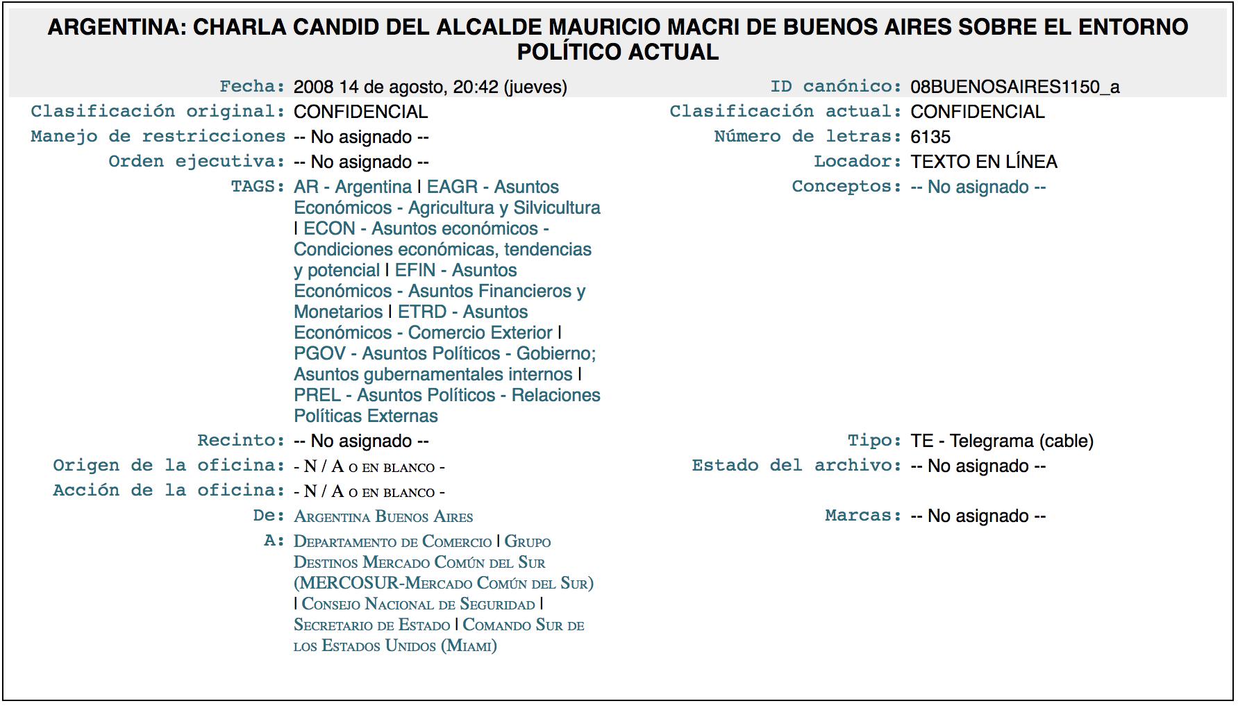 Macri, Eugenio Zaffaroni, Cambiemos, WikiLeaks, Hugo Moyano, Cristina Fernandez de Kirchner, embajada de Estados Unidos, Wall Street Journal