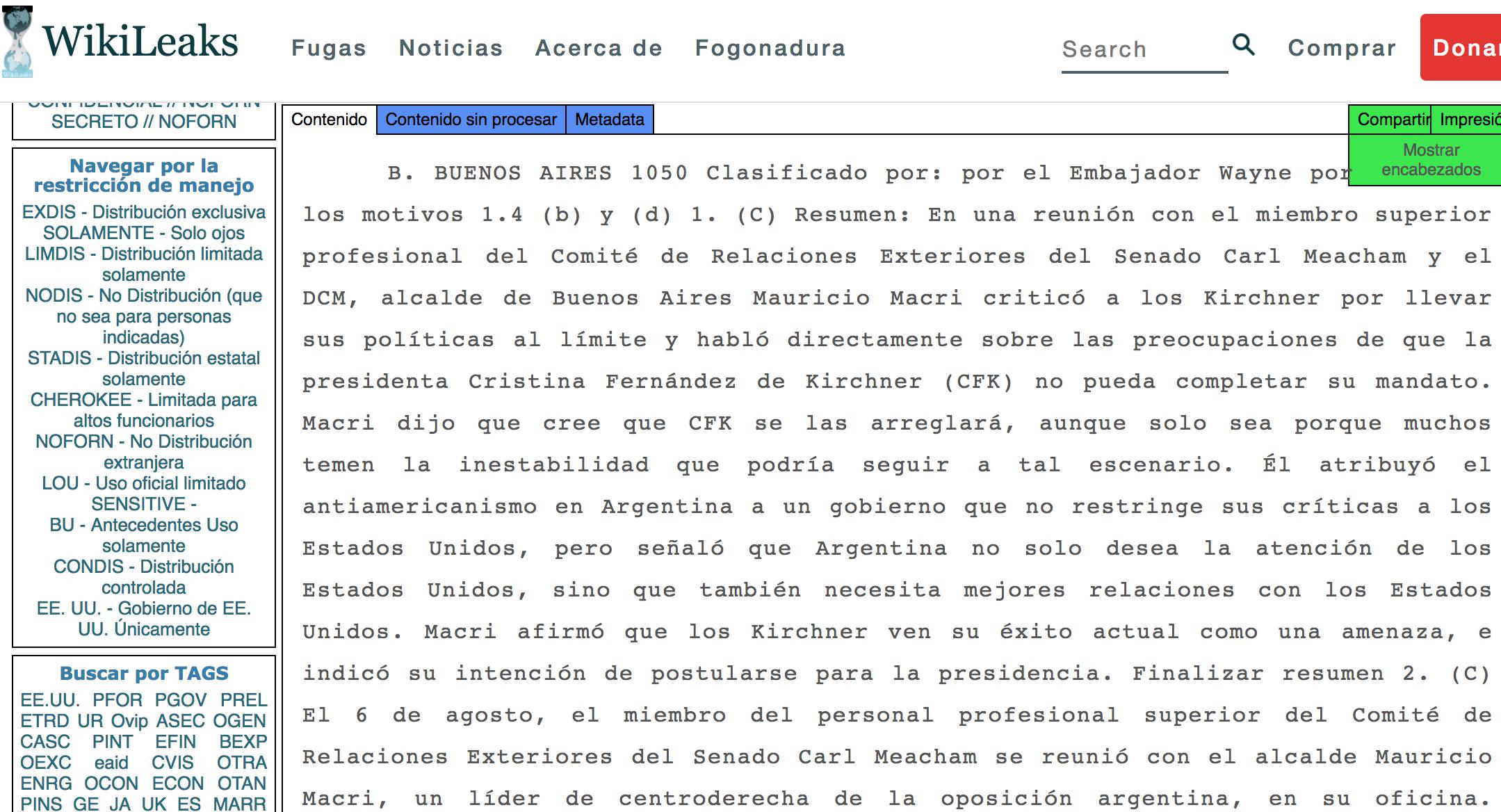 Macri, Eugenio Zaffaroni, Cambiemos, WikiLeaks, Hugo Moyano, Cristina Fernandez de Kirchner, embajada de Estados Unidos, Wall Street Journal