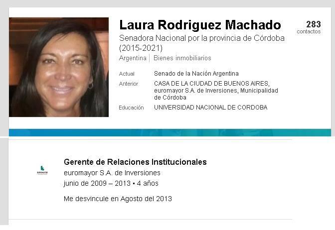 Euromayor, Pro Córdoba, Cambiemos, senadora nacional Laura Rodríguez Machado, Relaciones Institucionales, fondos a cuevas financieras, corrupción, estafa, Mauricio Macri, constructora, desarrollista, encarcelamiento