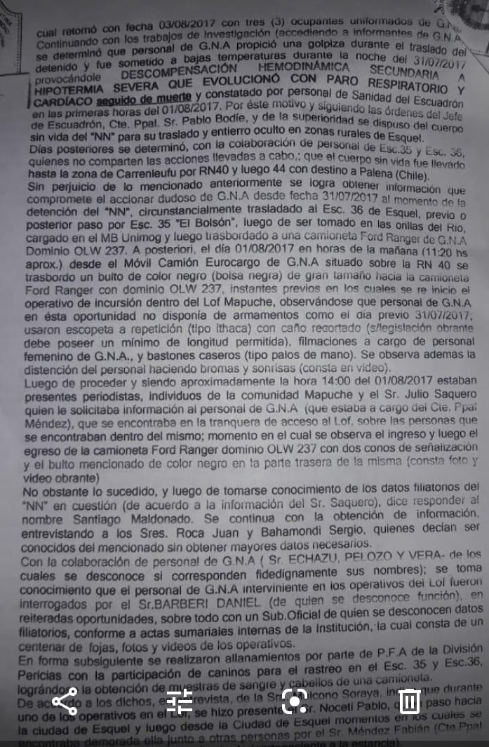 Echazú, Maldonado, Otranto, Patricia Bullrich, Héctor Magnetto, Vidal, Gendarmería, Desaparición, Macri, RAM, autopsia, RCP, Reanimación cardiopulmonar, Policía Federal, Filtración, Pablo Bodie