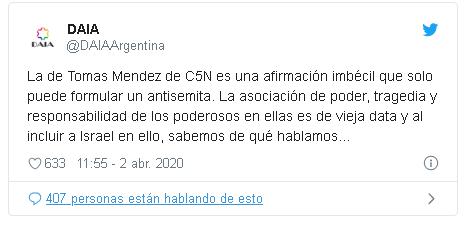 Tomás Méndez, C5N, Periodista, cacerolazo, RAI, Coronavirus, EEUU, Israel, Europa, antisemita, Héctor Magnetto, conductor, Córdoba, José Manuel De la Sota, Ramón Mestre, Kolector, Daniel Scioli, Frente para la Victoria, Clarin, La Nacion, Judios, Marcelo Touriño, ADN Federal, DAIA
