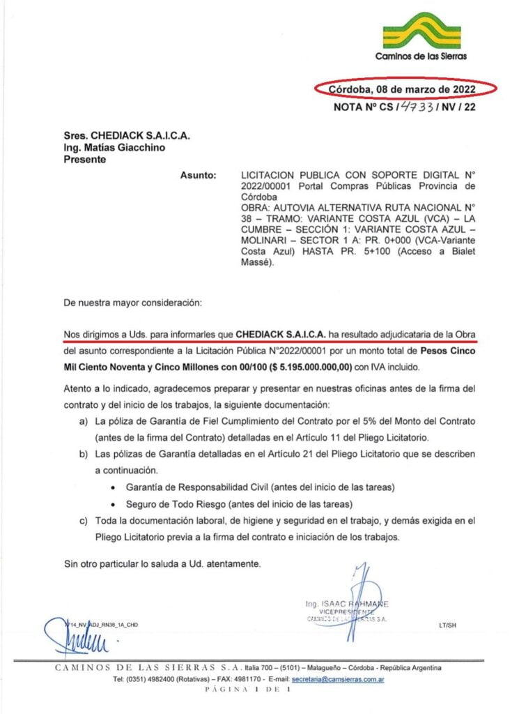 Cordobesismo, Chediak, obra vial un millón el metro, Miro, Britos