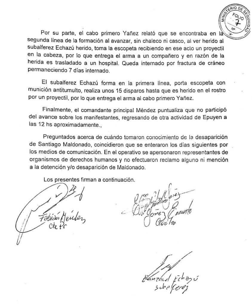 Santiago Maldonado, conmoción Gendarmería, coartada Echazú, Patricia Bullrich, Esteban Bullrich