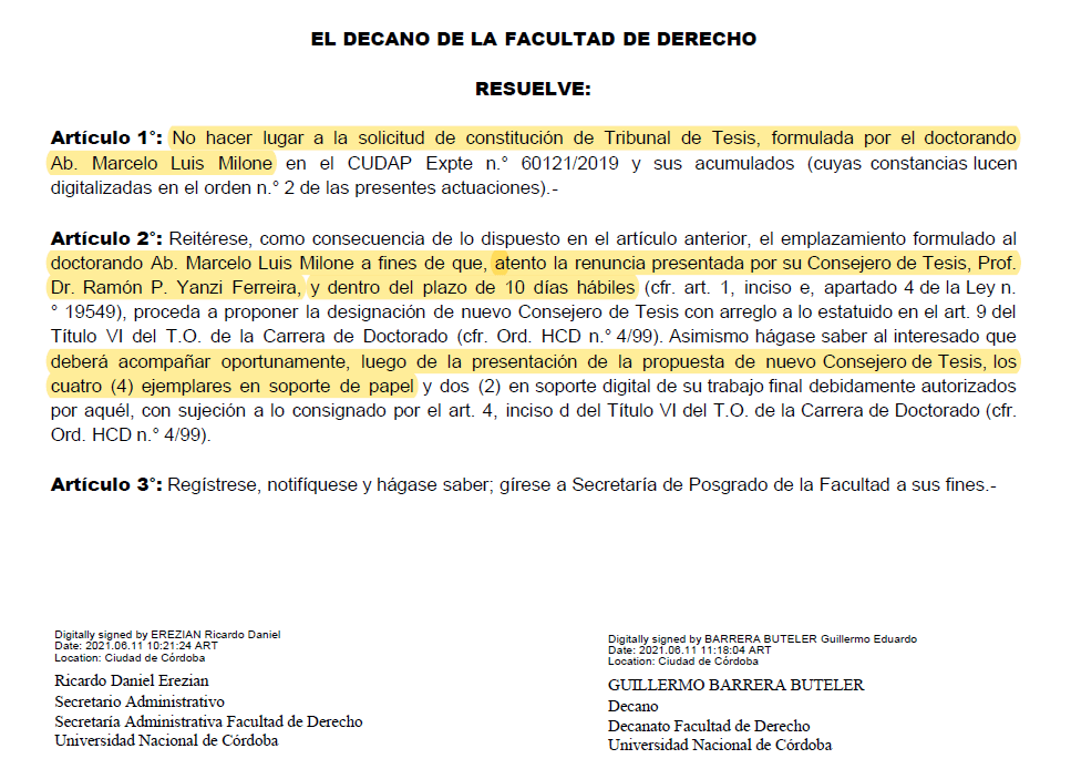 Facultad Derecho, Yanzi Ferreira, Aspell, Milone, tesis doctorando, justicia federal