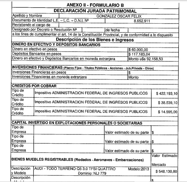 Oscar Gonzalez, dclaración jurada, enriquecimiento
