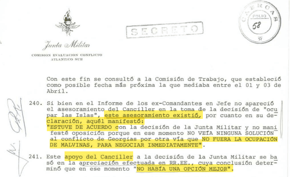 Guerra Malvinas, comunicaciones encubiertas a traves LA NACION, topo Costa Méndez, fecha de recuperación