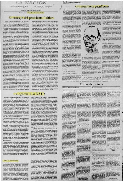 Mensajes secretos a través diario LA NACION con topo de la OTAN canciller Costa Méndez affaire naftas adulteradas