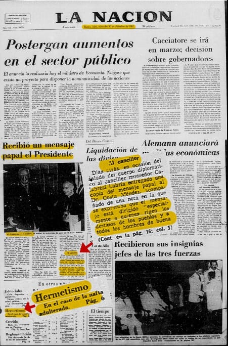 Mensajes secretos a través diario LA NACION con topo de la OTAN canciller Costa Méndez affaire naftas adulteradas