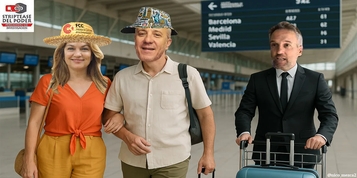 El alegre viaje a España de la decana de la FCC Parisi con su marido Barraco de los SRT, costeado por la UNC