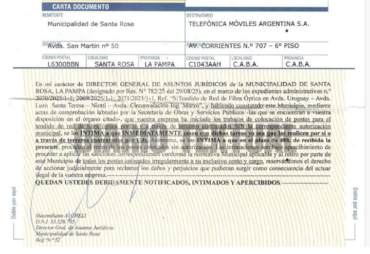 Intimación a cesar de instalar fibra óptica