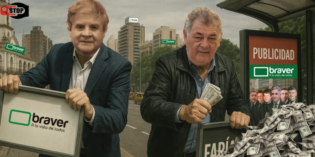 Collage político satírico ambientado en Córdoba, con empresarios simbolizando al Grupo Braver y Emeterio Farías apoderándose del espacio público, y ex intendentes cómplices atados por dinero y publicidad.