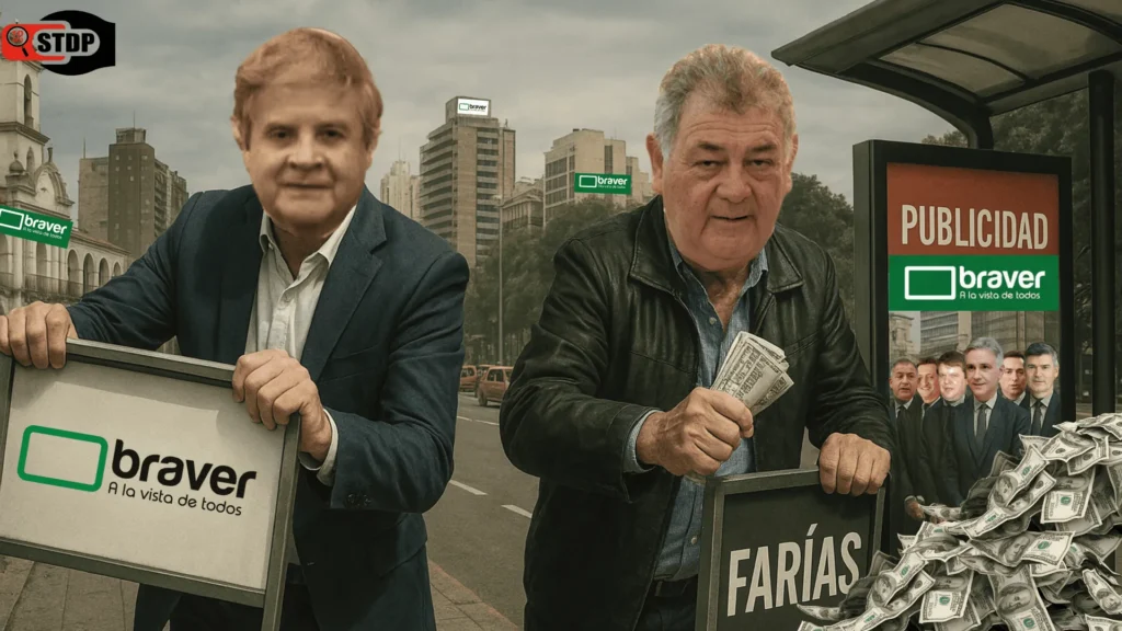 Collage político satírico ambientado en Córdoba, con empresarios simbolizando al Grupo Braver y Emeterio Farías apoderándose del espacio público, y ex intendentes cómplices atados por dinero y publicidad.