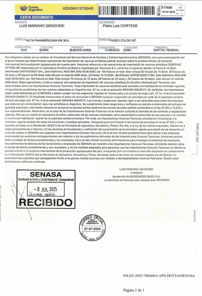 Carta documento enviada por Biogénesis a Pablo Cortese, presidente del SENASA