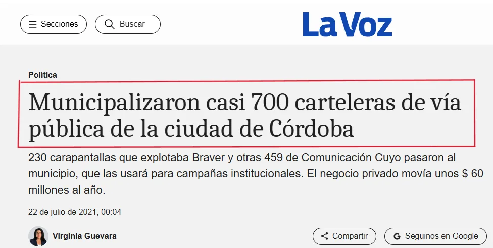 Nota, diario La Voz del Interior 22, de julio del 2021