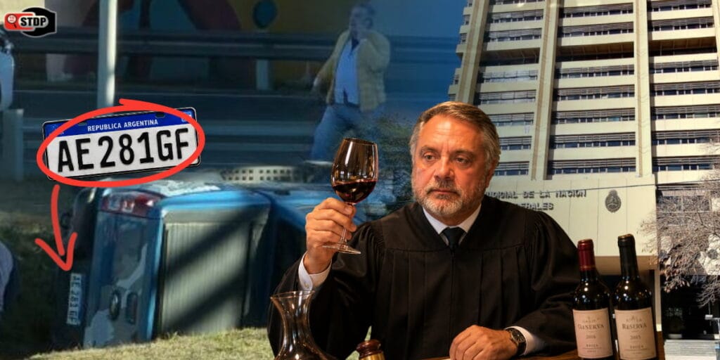 Composición sobre el vuelco de la Ford Ranger de Abel Guillermo Sánchez Torres tras una cata de vinos en Córdoba, con la patente AE281GF y los Tribunales Federales de fondo.