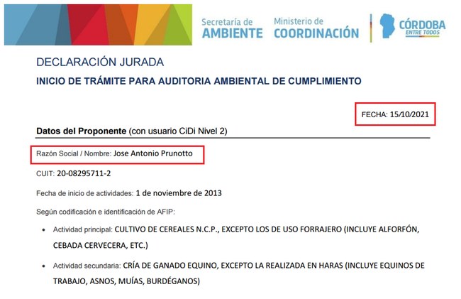 Declaración Jurada inicio del trámite por lote La Vieja Estancia