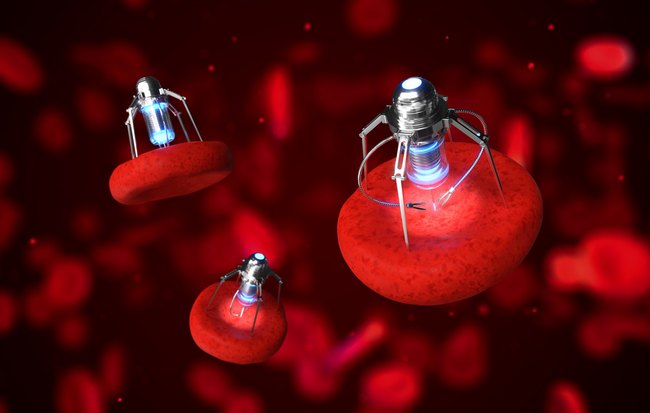 Representación artística de nanobots reparando glóbulos rojos. Esta medicina “de precisión” enfrenta numerosos contratiempos por sus problemas de toxicidad y reacciones inmunes.